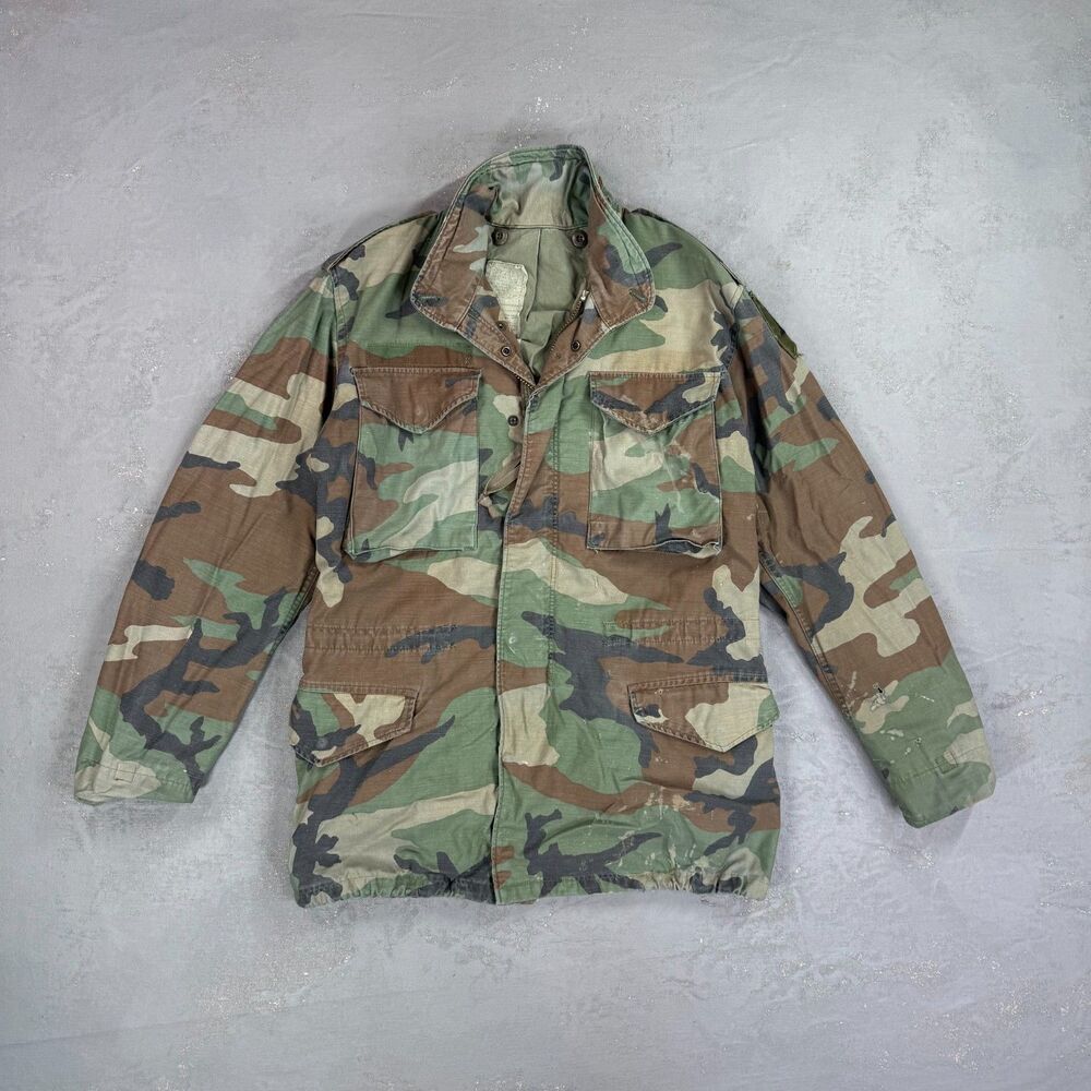 Vintage 1984 U.S. Military Cold Weather Field Coat Woodland Camo M65 Small